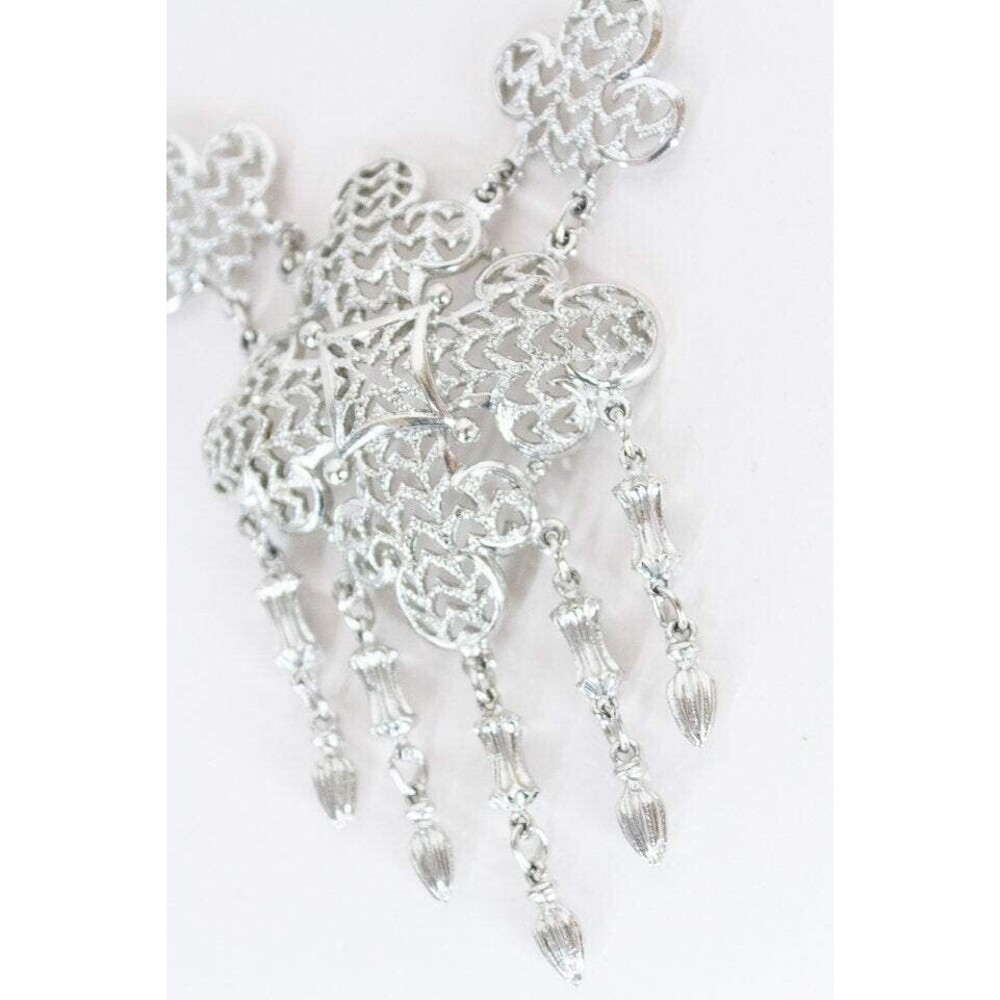 Vintage 1960s 60s Silver Tone Bohemian Dangle Pendant Necklace Geometric Fringe